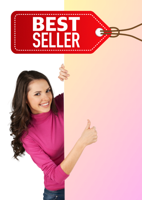 A woman holding a red best seller sign